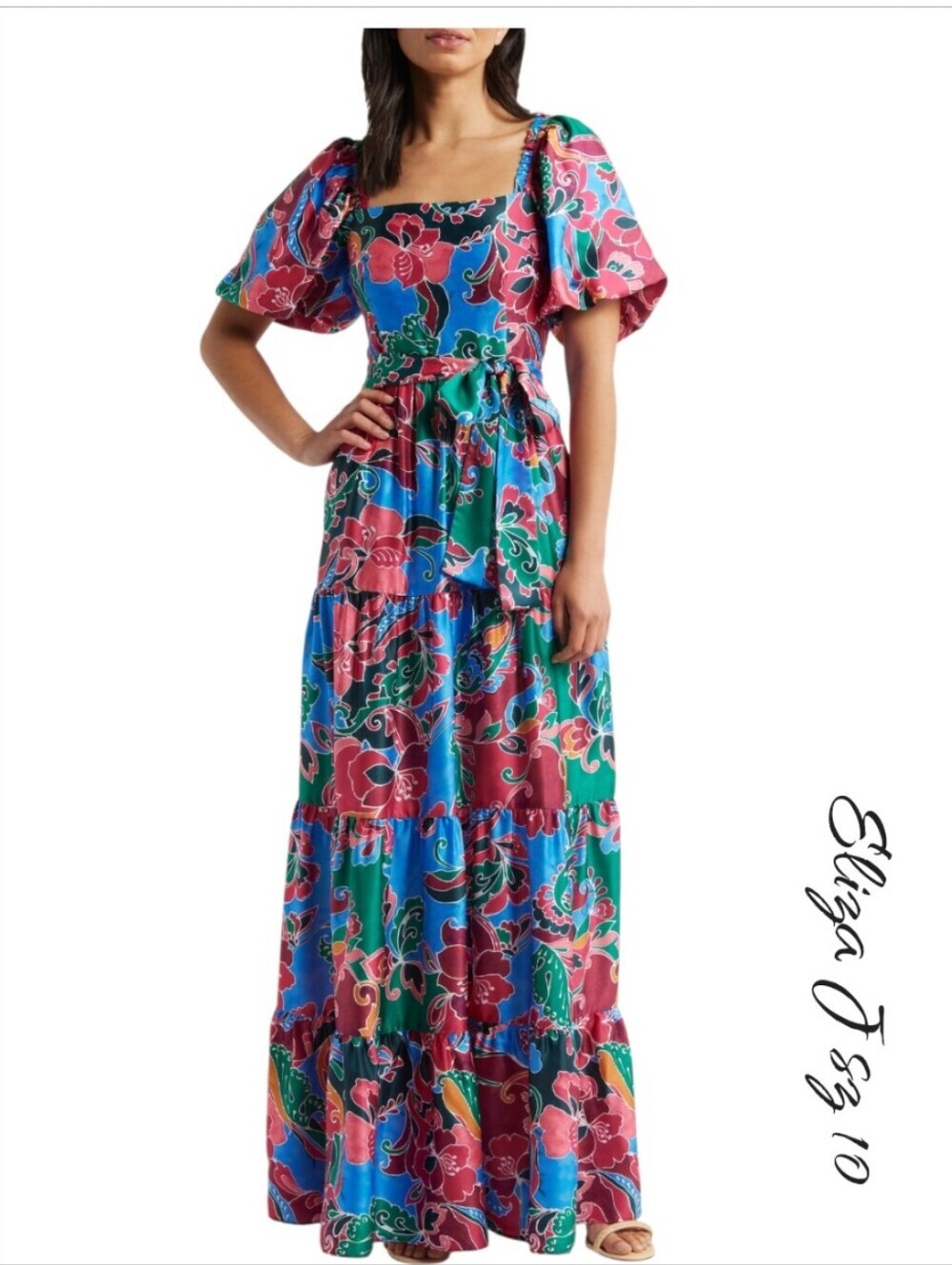 Eliza J Floral Tiered Maxi Dress Puff Sleeve Square Neck Size 10 Blue Multi